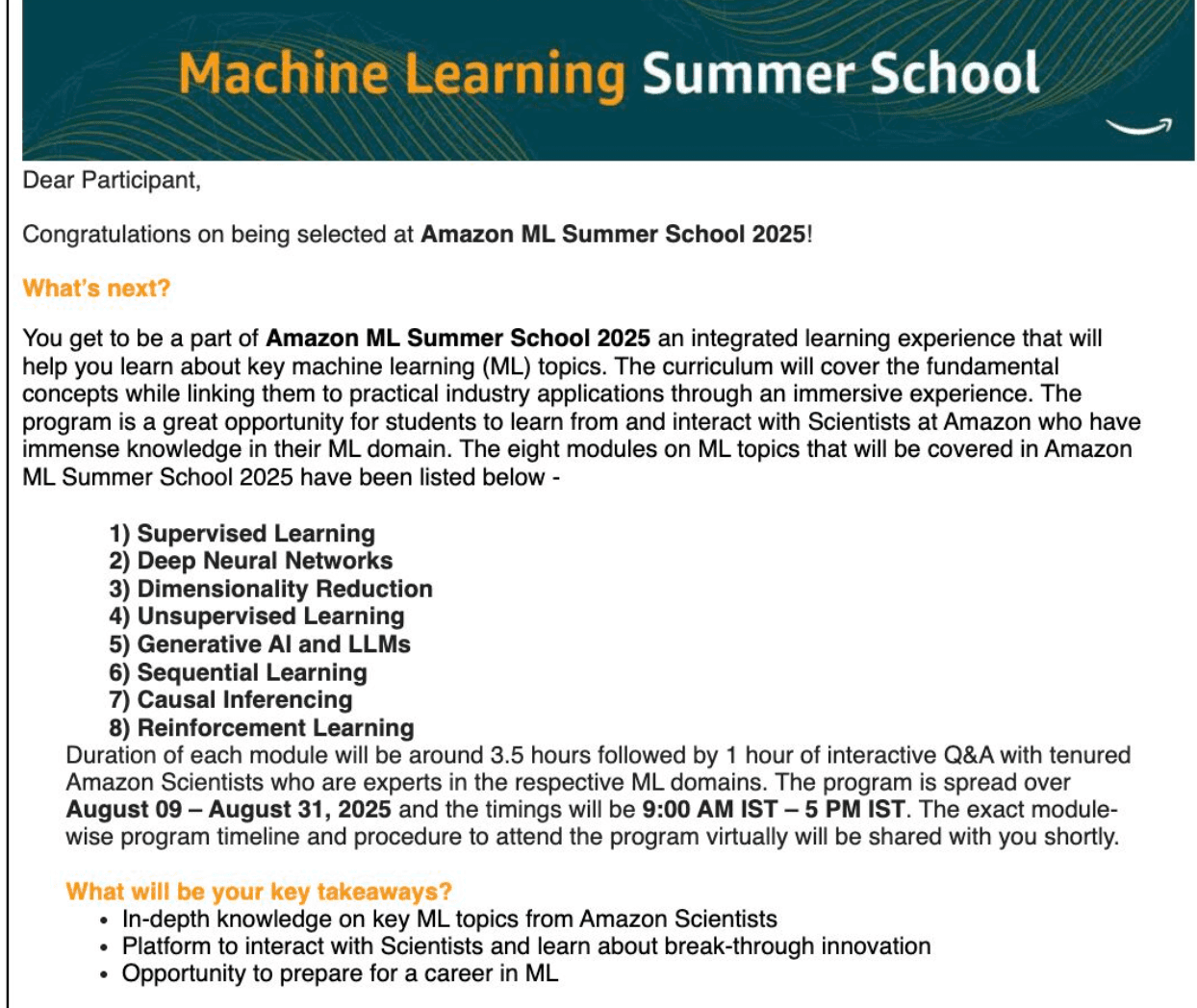 Prestigious Amazon ML Summer School